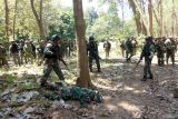 Prajurit korps Marinir TNI AL melaksanakan praktik patroli dihadapan Angkatan Darat Bela Diri Jepang (JGSDF) dan Singapore Army pada Latihan Gabungan Bersama (Latgabma) Super Garuda Shield (SGS) di Hutan Selogiri Kalipuro, Banyuwangi, Jawa Timur, Minggu (3/9/2023). Latihan tersebut bertujuan untuk berbagi tehnik dan taktik dalam melaksanakan patroli tempur. Antara Jatim/Budi Candra Setya/zk.