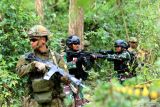 Prajurit korps Marinir TNI AL bersama Angkatan Darat Bela Diri Jepang (JGSDF) dan Singapore Army melaksanakan perang hutan pada Latihan Gabungan Bersama (Latgabma) Super Garuda Shield (SGS) 2023 di Selogiri Kalipuro, Banyuwangi, Jawa Timur, Minggu (3/9/2023). Pada latihan tersebut, prajurit saling bertukar teknik dan taktik untuk meningkatkan kemampuan tempur dan kerja sama tim. Antara Jatim/Budi Candra Setya/zk.