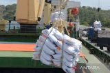 Buruh pelabuhan membongkar beras impor dari kapal kargo berbendera Vietnam  di Pelabuhan Malahayati, Krueng Raya, Kabupaten Aceh Besar, Aceh, Rabu  (11/10/2023). Pemerintah memberikan tambahan kuota penugasan impor beras  kepada Perum Bulog sebanyak 1,5 juta ton untuk memperkuat cadangan beras pemerintah (CBP) dan menstabilkan harga beras di pasaran,  sementara stok beras pada Bulog hingga Minggu pertama Oktober 2023  mencapai 1,7 juta ton. ANTARA FOTO/Ampelsa.