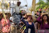 Sejumlah peserta menampilkan ritual mebiyukukung saat parade budaya pada Dajan Peken Festival di Tabanan, Bali, Jumat (10/11/2023). Kegiatan tersebut digelar untuk melestarikan seni budaya Bali sekaligus memperingati Hari Pahlawan. ANTARA FOTO/Nyoman Hendra Wibowo/wsj.