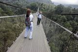 Pengunjung berfoto di jembatan gantung Lembah Purba di kawasan wisata Situgunung, Kadudampit, Kabupaten Sukabumi, Jawa Barat, Minggu (26/11/2023). Kementerian Pariwisata dan Ekonomi Kreatif menargetkan kunjungan wisatawan mancanegara naik menjadi 12-14 juta pada 2024 dibandingkan target 2023 sebanyak 8,5 juta kunjungan dan target pergerakan wisatawan nusantara kisaran 1,2 miliar - 1,4 miliar pada 2024. ANTARA FOTO/Henry Purba/agr/nym.