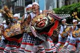Seniman menampilkan atraksi  musik tradisonal Okokan saat Parade Budaya di Tabanan, Bali, Senin (27/11/2023). Parade budaya dalam rangka HUT ke-530 Kabupaten Tabanan itu diikuti oleh ribuan seniman yang menampilkan kekayaan seni budaya dari berbagai daerah di Indonesia. ANTARA FOTO/Fikri Yusuf/wsj.