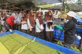 Petugas Yayasan KamiKita mengenalkan pakan ikan air tawar yang dibudidaya dengan sistem pertanian perkotaan (urban farming) di Banda Aceh, Aceh, Sabtu (9/12/2023). Pelatihan sistem urban farming bagi pelajar SMP se Kota Banda Aceh digelar dalam rangka memeriahkan HUT ke 86 Perum LKBN Antara sebagai upaya meningkatkan kesadaran sejak dini dalam menciptakan ketahanan pangan secara mandiri. ANTARA/Khalis Surry