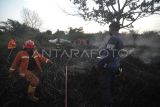 Petugas dari pemadam kebakaran Kota Bengkulu melakukan pemadaman kebakaran lahan gambut di Kota Bengkulu, Bengkulu, Rabu (20/12/2023). Petugas masih terus berupaya melakukan pemadaman Kebakaran lahan yang terbakar sejak 18 Desember 2023 tersebut. ANTARA FOTO/Muhammad Izfaldi/foc.