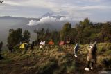 Sejumlah wisatawan mendirikan tenda di Kawasan Taman Nasional Bromo Tengger Semeru (TNBTS), Pasuruan, Jawa Timur, Senin (1/1/2024). Bedasarkan data Balai Besar TNBTS pada  Minggu (31/12), kunjungan wisatawan di wilayah tersebut mencapai 5.000 orang saat malam pergantian tahun 2024 . Antara Jatim/Irfan Sumanjaya.