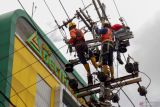 Petugas melakukan perawatan jaringan listrik di Jalan Ahmad Yani, Sidoarjo, Jawa Timur, Minggu (4/2/2024). Perawatan dan pemeliharaan jaringan listrik secara berkala untuk menjamin sistem beroperasi secara optimal dalam meningkatkan pelayanan pelanggan. Antara Jatim/Umarul Faruq.