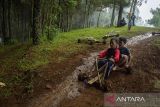 Anak-anak mengemudi permainan tradisional balap Kadaplak di Kampung Pasir Angling, Kabupaten Bandung Barat, Jawa Barat, Senin (26/2/2024). Kadaplak yang pada zaman Belanda sempat dimanfaatkan untuk mengangkut hasil tani dan tembakau tersebut kembali dihadirkan masyarakat kampung Pasir Angling guna mengenalkan dan mengedukasi agar permainan tradisional itu tetap lestari di tengah perkembangan teknologi. ANTARA FOTO/Novrian Arbi/agr
