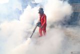 Petugas dari Dinas Kesehatan melakukan pengasapan (fogging) di Kelurahan Tosaren, Kota Kediri, Jawa Timur, Kamis (29/2/2024). Pengasapan di daerah permukiman padat penduduk tersebut guna mengendalikan perkembanganbiakan nyamuk Aedes aegypti pembawa virus dengue penyebab deman berdarah saat musim hujan. Antara Jatim/Prasetia Fauzani.