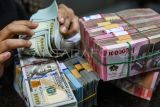  Petugas menyusun uang pecahan dolar AS dan rupiah di gerai penukaran mata uang asing VIP (Valuta Inti Prima) Money Changer, Jakarta, Jumat (1/3/2024). Kementerian Keuangan (Kemenkeu) mencatatÊutangÊpemerintah naik menjadi Rp8.253,09 triliun per Januari 2024, jumlah utang tersebut naik sebesar Rp108,4 triliun dibandingkan utang di Desember 2023, yakni sebesar Rp8.144,69 triliun. ANTARA FOTO/Muhammad Adimaja/rwa.
