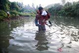 Siswa menyeberangi sungai untuk berangkat ke sekolah