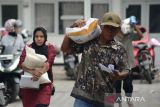 Keluarga penerima manfaat (KPM)  mengangkut bantuan sosial pangan beras  saat penyaluran di kantor PT Pos Cabang Utama Banda Aceh, Aceh, Rabu (6/3/2024). PT Pos Cabang Utama Banda Aceh menyalurkan bansos pangan beras  untuk alokasi  Februari  2024  kepada sebanyak 530.914  keluarga penerima manfaat (KPM) dengan jumlah beras sebanyak 5.309 ton per bulan yang  ditargetkan terealisasi sebelum memasuki Ramadhan 1445 Hijriah. ANTARA FOTO/Ampelsa.