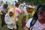 Sejumlah warga dan wisatawan saling melemparkan bubuk warna-warni saat perayaan Holi di Denpasar, Bali, Minggu (24/3/2024). Festival warna yang mengusung tema Gulal tersebut diselenggarakan Konsulat Jenderal India untuk menandai 75 tahun hubungan diplomatik India-Indonesia. ANTARA FOTO/Nyoman Hendra Wibowo/wsj.