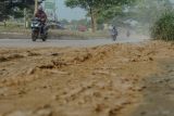 Sejumlah pengendara roda dua melintas di jalan berpasir di Jalan Lingkas Selatan, Kota Cilegon, Banten, Sabtu (30/3/2024). Jalan yang menjadi jalur utama untuk pemudik motor menuju pelabuhan Ciwandan tersebut dipenuhi pasir sehingga mengganggu kenyamanan dan kemanan pengendara terutama roda dua. ANTARA FOTO/Muhammad Bagus Khoirunas