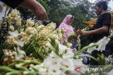 Pedagang bunga hias melayani pembeli di Pasar Cicadas, Bandung, Jawa Barat, Selasa (9/4/2024). Pada H-1 Idul Fitri 1445 hijriah, permintaan bunga hias seperti sedap malam, melati, krisan mulai meningkat yang dijual Rp10.000 untuk satu hingga tiga tangkai sebagai tradisi penghias dan pewangi alami saat Lebaran. ANTARA FOTO/Novrian Arbi/agr