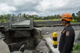 Petugas BPBD Lumajang mengamati kondisi Jembatan Mujur II di Lumajang, Jawa Timur, Jumat (19/4/2024). Jembatan penghubung Desa Kloposawit dan Desa Tumpeng tersebut putus akibat diterang banjir lahar hujan Gunung Semeru pada Kamis (18/4). Antara Jatim/Irfan Sumanjaya/um