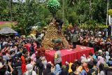 Panitia memanjat tumpeng durian setinggi 3 meter dan membagikannya kepada warga/pengunjung secara gratis dengan sistem kupon dalam gelaran International Durio Festival 2024 di Desa Wisata Durensari, Trenggalek, Jawa Timur, Minggu (21/4/2024). Pemerintah daerah setempat menjadikan ajang festival durian tahunan ini ajang promosi wisata unggulan daerah sekaligus memperkenalkan Desa Wisata Durensari sebagai daerah penghasil durian terbesar di Indonesia bahkan se-Asia Tenggara. ANTARA Jatim/Destyan Sujarwoko