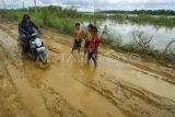 Pengendara sepeda motor melewati jalan yang rusak di Teluk Jambu, Muaro Jambi, Jambi, Rabu (1/5/2024). Jalan penghubung Desa Teluk Jambu dengan Desa Dusun Mudo yang didominasi tanah dan sempat terendam selama tiga bulan lebih akibat meluapnya Sungai Batanghari itu licin dan berlubang di sejumlah titik sehingga menghambat mobilitas warga. ANTARA FOTO/Wahdi Septiawan/tom.