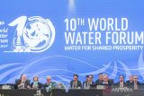 Pertemuan Tingkat Menteri World Water Forum ke-10. Menteri PUPR Basuki Hadimuljono (ketiga kanan) bersama Presiden World Water Council Loic Fauchon (kiri) menyimak penyampaian pendapat dari perwakilan delegasi dalam agenda Adoption Ministerial Declaration and Closing Remarks Pertemuan Tingkat Menteri World Water Forum ke-10 di Nusa Dua, Bali, Selasa (21/5/2024). ANTARA FOTO/Media Center World Water Forum 2024/Wahdi Septiawan/wsj.