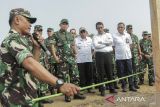 Menteri Pertanian Andi Amran Sulaiman (keempat kanan) bersama Kepala Staf TNI Angkatan Darat (KSAD) Jenderal TNI Maruli Simanjuntak (kedua kiri) mendengarkan paparan saat panen jagung dan singkong di lahan ketahanan pangan Kostrad, Neglasari, Ciemas, Kabupaten Sukabumi, Jawa Barat, Selasa (4/6/2024). Menteri Pertanian dan KSAD memanen jagung dan singkong di atas lahan seluas sekitar 700 hektare sebagai upaya meningkatkan produksi pertanian guna mewujudkan program ketahanan pangan di Indonesia. ANTARA FOTO/Henry Purba/agr