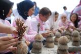 Bupati Trenggalek Mochamad Nur Arifin (tengah) bersama istri Novita Hardini (ketiga kanan) dan 15 finalis Putri Otonomi Indonesia 2024 memasang bibit terumbu karang di media tempurung kelapa dalam kegiatan Mutiara Underwater Festival and Concervation (MUF ON) 2024 di Pantai Mutiara, Trenggalek, Jawa Timur, Rabu (5/6/2024). Kegiatan penanaman terumbu karang bersama 15 finalis POI 2024 yang menandai dimulainya rangkaian kegiatan peringatan APKASI ke-24 Asosiasi Pemerintah Kabupaten Seluruh Indonesia (APKASI) itu bertujuan mengampanyekan gerakan cinta lingkungan dan konservasi laut di masyarakat luas, khususnya generasi muda. Antara Jatim/Destyan Sujarwoko/mas.