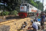 Warga mengambil jagung yang berserakan di bantaran rel usai truk terlibat kecelakaan dengan Commuter Line Sidro di perlintasan KM 20+600 Buduran, Sidoarjo, Jawa Timur, Senin (10/6/2024). Kecelakaan yang melibatkan kereta Commuter Line (CL) rute Sidoarjo - Indro PP (Sindro) dengan truk bermuatan jagung di Kecamatan Buduran tersebut mengakibatkan jadwal perjalanan lima kereta api terlambat. Antara Jatim/Umarul Faruq/mas.