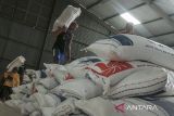 Pekerja membawa karung beras di gudang Bulog Pasirhalang, Sukaraja, Kabupaten Sukabumi, Jawa Barat, Senin (10/6/2024). Badan Pangan Nasional (Bapanas) mencatat stok beras Bulog saat ini mencapai 1,8 juta ton sehingga mencukupi untuk kebutuhan masyarakat menjelang Idul Adha 2024. ANTARA FOTO/Henry Purba/agr
