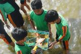 Sejumlah murid SD menangkap ikan pada kegiatan menangkap dan makan ikan bersama di Dinas Ketahanan Pangan dan Pertanian Kota Madiun Jawa Timur, Jumat (14/6/2024). Kegiatan tersebut digelar dalam rangka Gerakan Masyarakat Makan Ikan (Gemarikan) dan meningkatkan ketahanan pangan. Antara Jatim/Siswowidodo/um