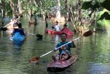 Wisatawan bermain kano di rawa cacalan, Banyuwangi, Jawa Timur, Selasa (18/6/2024). Kementerian Pariwisata dan Ekonomi Kreatif (Kemenparekraf) menggencarkan promisi destinasi wisata Indonesia baik atraksi wisata maupun akomodasi untuk mengejar target 1,25 miliar pergerakan wisatawan di 2024 yang diharapkan dapat membantu pemulihan ekonomi nasional dan mendorong pembukaan lapangan kerja baru. Antara Jatim/Budi Candra Setya/um