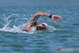 Perenang Indonesia Aflah Fadlan Prawira memacu kecepatan saat mengikuti pertandingan nomor 10 kilometer 2nd Southeast Asia Open Water Swimming Championships 2024 di Jimbaran, Badung, Bali, Sabtu (29/6/2024). Perenang Indonesia Aflah Fadlan Prawira berhasil menjuarai nomor 10 kilometer putra kategori usia 20 tahun ke atas dengan catatan waktu 2 jam 5 menit 23 detik disusul perenang asal Thailand Suabsakul Kumton dengan waktu 2 jam 7 menit 2 detik dan perenang Indonesia Dimas Permana Taufik dengan waktu 2 jam 14 menit 16 detik. ANTARA FOTO/Fikri Yusuf/wsj.