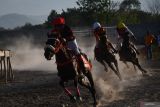 Joki memacu kudanya saat mengikuti kejuaraan pacuan kuda di Ponorogo, Jawa Timur, Minggu (30/6/2024). Kejuaraan yang yang memperlombakan 10 kelas dengan jarak antara 1.000 meter hingga 1.600 meter tersebut diikuti 100 kuda dari berbagai daerah di Jawa dan Bali. Antara Jatim/Siswowidodo/um 