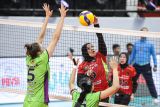 Pevoli putri Jakarta Pertamina Enduro Dewi Intan Sari (tengah) melakukan smes ke arah pevoli putri Jakarta BIN Kare Jane Benjema (kiri) dan Rika Dwi Latri (kanan) pada pertandingan Final Four PLN Mobile Proliga 2024 di GOR Bung Tomo, Surabaya, Jawa Timur, Kamis (4/7/2024). Jakarta Pertamina Enduro menang atas Jakarta BIN dengan skor 3-1 (25-23, 25-23, 22-25, dan 25-22). Antara Jatim/Rizal Hanafi/um