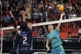 Pevoli Jakarta Electrik PLN Katerina Zhidkova (kanan) melakukan smes yang coba ditahan pevoli Jakarta Pertamina Enduro Maradanti Namira Tegariaini (tengah) dan Polina Shemanova (kiri) pada pertandingan Final Four PLN Mobile Proliga 2024 di GOR Bung Tomo, Surabaya, Sabtu (6/7/2024). Jakarta Electric PLN mengalahkan Jakarta Pertamina Enduro dengan skor 3-1 (25-23, 11-25, dan 25-21). ANTARA Jatim/Moch Asim/um.