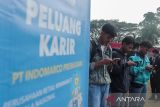 Pencari kerja mengisi lamaran pekerjaan melalui gawai di salah satu stan saat bursa kerja di Taman Prawatasari, Kabupaten Cianjur, Jawa Barat, Selasa (9/7/2024). Pemerintah Kabupaten Cianjur bersama Disnakertrans Kabupaten Cianjur menggelar bursa kerja yang diikuti sebanyak 34 perusahaan dengan menyediakan 1.200 lowongan kerja untuk menurunkan angka pengangguran. ANTARA FOTO/Henry Purba/agr