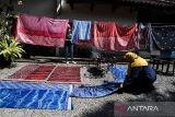 Peserta menjemur kain batik saat pelatihan untuk pelaku Industri Kecil Menengah (IKM) di Rumah Batik Komar, Bandung, Jawa Barat, Kamis (11/7/2024). Sebanyak 40 pelaku IKM bidang fesyen dan kerajinan mendapatkan pelatihan batik dan ecoprint yang digelar oleh Pemerintah Kota Bandung untuk peningkatan edukasi desain batik sehingga mempunyai daya saing di pasar lokal maupun internasional. ANTARA FOTO/Novrian Arbi/agr