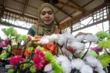 Petugas Unit Penanganan Sampah Badan Air Gambir meyelesaikan pembuatan tanaman hias dari limbah plastik di Gambir, Jakarta, Jumat (12/7/2024). Kreasi pembuatan daur ulang tanaman hias plastik tersebut terbuat dari limbah plastik yang ditemukan di aliran sungai. ANTARA FOTO/Erlangga Bregas Prakoso/foc.