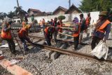 Pekerja memasang bantalan rel pada proses penggantian wesel rel kereta api di Kota Kediri, Jawa Timur, Rabu (17/7/2024). Penggantian wesel atau sistem mekanik untuk memindahkan jalur pada persimpangan rel kereta api tersebut dilakukan oleh PT Kereta Api Indonesia (Persero) Daop 7 sebagai upaya meningkatkan kenyamanan dan keselamatan perjalanan kereta api. Antara Jatim/Prasetia Fauzani/um