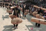 Masyarakat adat membawa rengkong (padi) saat Tradisi Seren Taun di Kasepuhan Sinar Resmi, Kabupaten Sukabumi, Jawa Barat, Minggu (21/7/2024). Tradisi Seren Taun yang digelar setahun sekali tersebut dilakukan sebagai bentuk ungkapan syukur masyarakat adat kepada Tuhan Yang Maha Esa atas hasil pertanian yang melimpah. ANTARA FOTO/Henry Purba/agr
