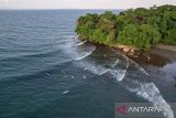 Foto udara sejumlah wisatawan beselancar di Pantai Batukaras, Kecamatan Cijulang, Kabupaten Pangandaran, Jawa Barat, Sabtu (27/7/2024). Pantai Batukaras yang telah dikenal sebagai destinasi wisata selancar ombak atau 