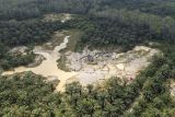 Foto udara kawasan pertambangan emas di areal persawahan dan perkebunan di Merangin, Jambi, Minggu (28/7/2024). Ratusan hektare lahan pertanian dan perkebunan produktif di daerah itu rusak akibat beralih fungsi menjadi kawasan pertambangan emas ilegal yang marak sejak lima tahun terakhir. ANTARA FOTO/Wahdi Septiawan/aww.