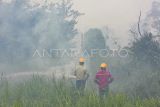 Pekerja salah satu perusahaan perkebunan memadamkan api yang membakar lahan di perbatasan areal perkebunan mereka di Pematang Buluh, Tanjung Jabung Barat, Jambi, Selasa (13/8/2024). Dalam dua hari terakhir, kebakaran hutan dan lahan (karhutla) di kabupaten tersebut telah menghanguskan sedikitnya 40 hektare lahan di dua lokasi berbeda. ANTARA FOTO/Wahdi Septiawan/nym.