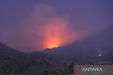 Lanskap hutan yang terbakar di Gunung Guntur terlihat dari Kawasan Cipanas, Kabupaten Garut, Jawa Barat, Selasa (20/8/2024). Data dari Dinas Pemadam Kebakaran Kabupaten Garut mencatat, kebakaran yang melanda hutan di Gunung Guntur sejak Senin (19/8/2024) petang membakar 16 hektare kawasan hutan. ANTARA FOTO/Raisan Al Farisi/agr