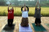 Anggota komunitas yoga melakukan gerakan penutupan saat sesi latihan di Studio Sawah Yoga Oerip, Ngawi, Jawa Timur, Kamis (22/8/2024). Komunitas olahraga tersebut memanfaatkan area persawahan sebagai studio yoga untuk menambah penghayatan dan pendalaman selama proses latihan sekaligus mempromosikan potensi pariwisata di kawasan itu. ANTARA Jatim/Ari Bowo Sucipto/mas.