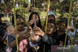 Anak-anak mengambil makanan yang disiapkan saat tradisi Ngalokat Cai di mata air Irung-irung, Desa Cihideung, Kabupaten Bandung Barat, Jawa Barat, Senin ((2/9/2024). Tradisi yang digelar setiap tahun tersebut sebagai rasa syukur atas sumber air yang masih terjaga sekaligus sebagai ajang silaturahmi dan peringatan untuk tetap menjaga dan merawat air sebagai sumber kehidupan. ANTARA FOTO/Novrian Arbi/agr