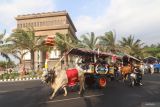 Peserta mengikuti Parade Cikar di kawasan monumen Simpang Lima Gumul, Kediri, Jawa Timur, Sabtu (7/9/2024). Parade 41 cikar atau gerobak sapi tersebut sebagai upaya pemerintah daerah setempat melestarikan dan mengapresiasi masyarakat yang masih tetap menggunakan cikar sebagai alat transportasi pedesaan. Antara Jatim/Prasetia Fauzani/um