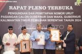 Ketua Komisi Pemilihan Umum (KPU) Provinsi Kalimantan Timur Fahmi Idris (kanan) memberikan nomor urut dua kepada Cagub dan Cawagub Kaltim Rudy Mas'ud (kedua kanan) dan Seno Aji (ketiga kanan) disaksikan Cagub Isran Noor (kiri) dan Cawagub Hadi Mulyadi (kedua kiri) dalam Rapat Pleno Terbuka Pengundian dan Penetapan Nomor Urut Pasangan Pilgub Kaltim 2024 di Kantor KPU Provinsi Kaltim, di Samarinda, Senin (23/9/2024). Pasangan Cagub Kaltim Isran Noor dan Cawagub Hadi Mulyadi mendapat nomor urut satu sedangkan Cagub Rudy Mas'ud dan Cawagub Seno Aji mendapat nomor urut dua. Antara Kaltim/M Risyal Hidayat