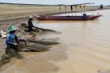 Warga menarik jaring saat menangkap ikan di Waduk Dawuhan, Kabupaten Madiun, Jawa Timur, Kamis (17/10/2024). Sejumlah warga setempat memanfaatkan air waduk yang menyusut dengan menangkap ikan untuk kemudian dijual dengan harga ikan nila Rp25.000 per kilogram, lele Rp 30.000 per kilogram serta ikan gabus Rp50.000 per kilogram. Antara Jatim/Siswowidodo/mas.