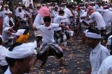 Sejumlah warga saling melempar ketupat saat Tradisi Mesalaran di Desa Adat Padang Luwih, Badung, Bali, Kamis (17/10/2024). Tradisi saling lempar ketupat yang merupakan warisan budaya leluhur tersebut digelar untuk memohon kesejahteraan, mempererat rasa persaudaraan serta sebagai wujud syukur kepada Tuhan. ANTARA FOTO/Nyoman Hendra Wibowo/wsj.