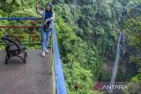 Wisatawan berfoto dengan latar belakang Curug Pelangi Cimahi di Cisarua, Kabupaten Bandung Barat, Jawa Barat, Minggu (27/10/2024). Air terjun atau curug yang memiliki ketinggian 87 meter dan menjadi salah satu air terjun tertinggi di Jawa Barat tersebut berpotensi menjadi destinasi wisata unggulan yang dapat meningkatkan kunjungan pariwisata serta perekonomian masyarakat di kawasan tersebut. ANTARA FOTO/Abdan Syakura/agr
