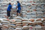 Pekerja mengangkat beras saat bongkar muat di Gudang Bulog Utama, Kota Cimahi, Jawa Barat, Jumat (1/11/2024). Perum Badan Urusan Logistik (Bulog) Wilayah Jawa Barat telah menyalurkan sebanyak 85.352 ton beras Stabilisasi Pasokan dan Harga Pangan (SPHP) di wilayah kerjanya dari periode Januari sampai pekan kedua Oktober 2024. ANTARA FOTO/Abdan Syakura/agr
