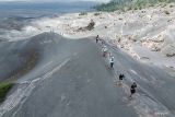 Foto udara peserta berlari melintasi Pusung Gedhe saat gelaran lari lintas alam atau trail run BTS100 Ultra di kawasan Taman Nasional Bromo Tengger Semeru (TNBTS), Probolinggo, Jawa Timur, Minggu (3/11/2024). Gelaran lari lintas alam yang diikuti sedikitnya 700 pelari dari 26 negara dengan jarak tempuh terjauh 170 kilometer menjelajah kawasan TNBTS tersebut diharapkan dapat meningkatkan kunjungan pariwisata sekaligus meningkatkan perekonomian masyarakat di wilayah itu. Antara Jatim/Irfan Sumanjaya/um